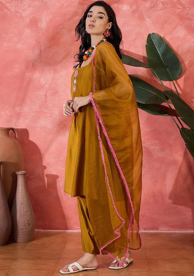 Mustard Embroidered Blended Kurta Set - Indya