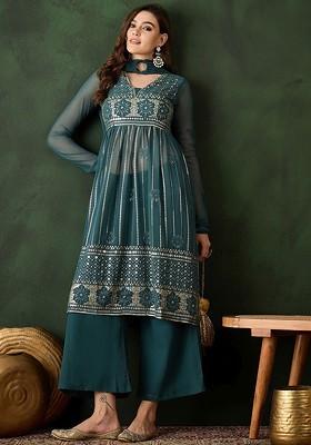 Teal Embroidered Blended Kurta Set