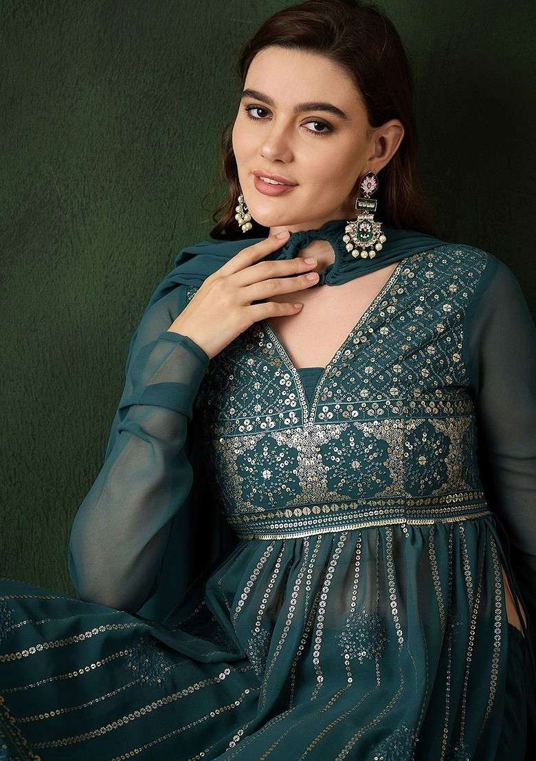 Teal Embroidered Blended Kurta Set - Indya