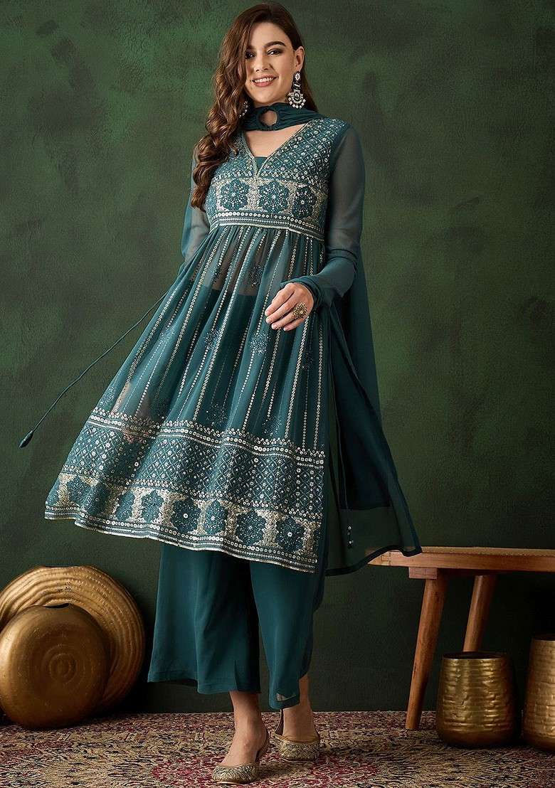 Teal Embroidered Blended Kurta Set - Indya
