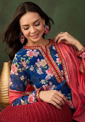 Blue Printed Blended Kurta Set