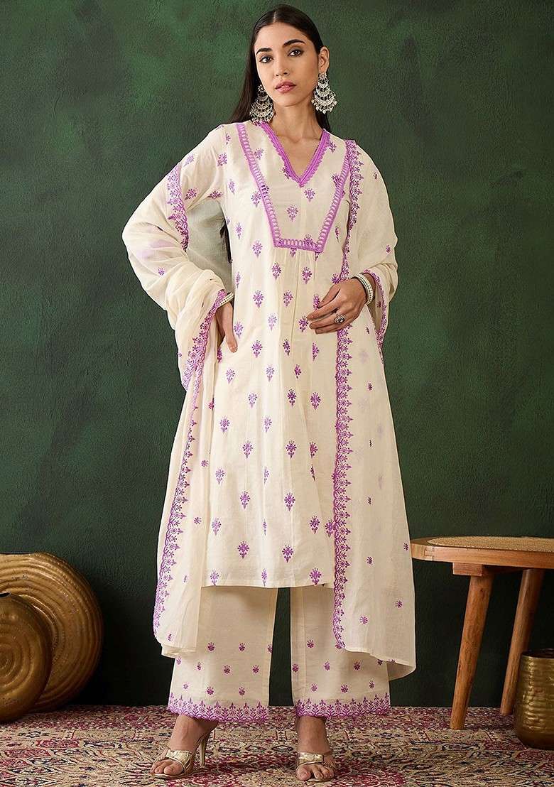Off White Embroidered Blended Kurta Set - Indya