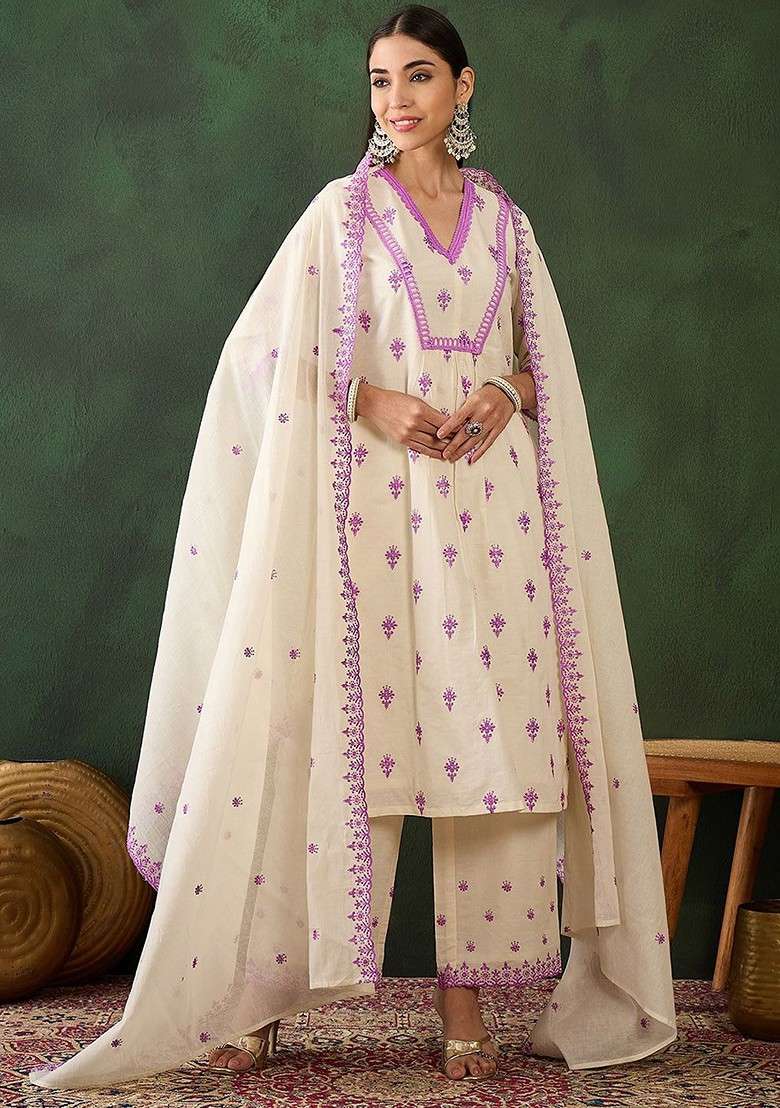 Off White Embroidered Blended Kurta Set - Indya