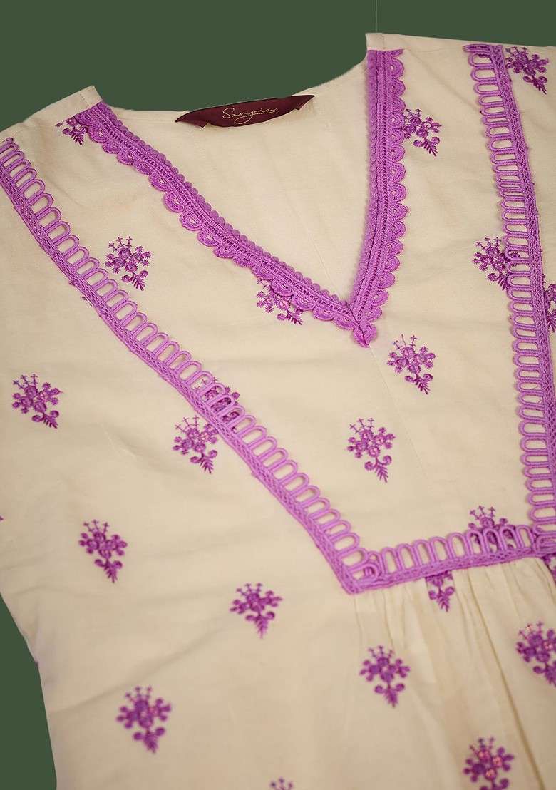 Off White Embroidered Blended Kurta Set - Indya