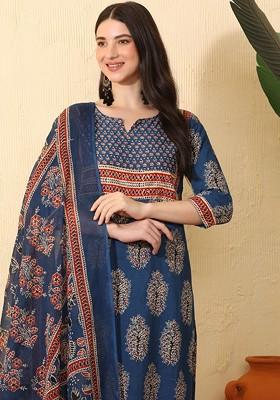 Blue Printed Blended Kurta Set