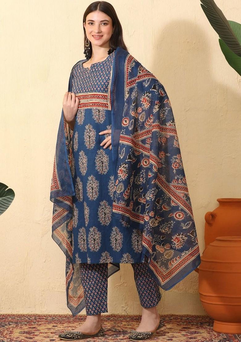 Blue Printed Blended Kurta Set - Indya