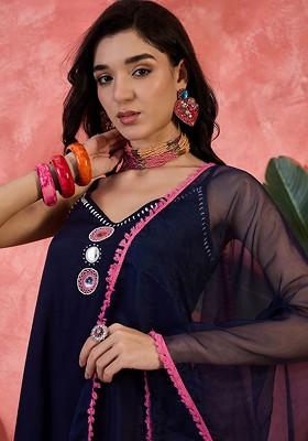 Navy Blue Embroidered Blended Kurta Set