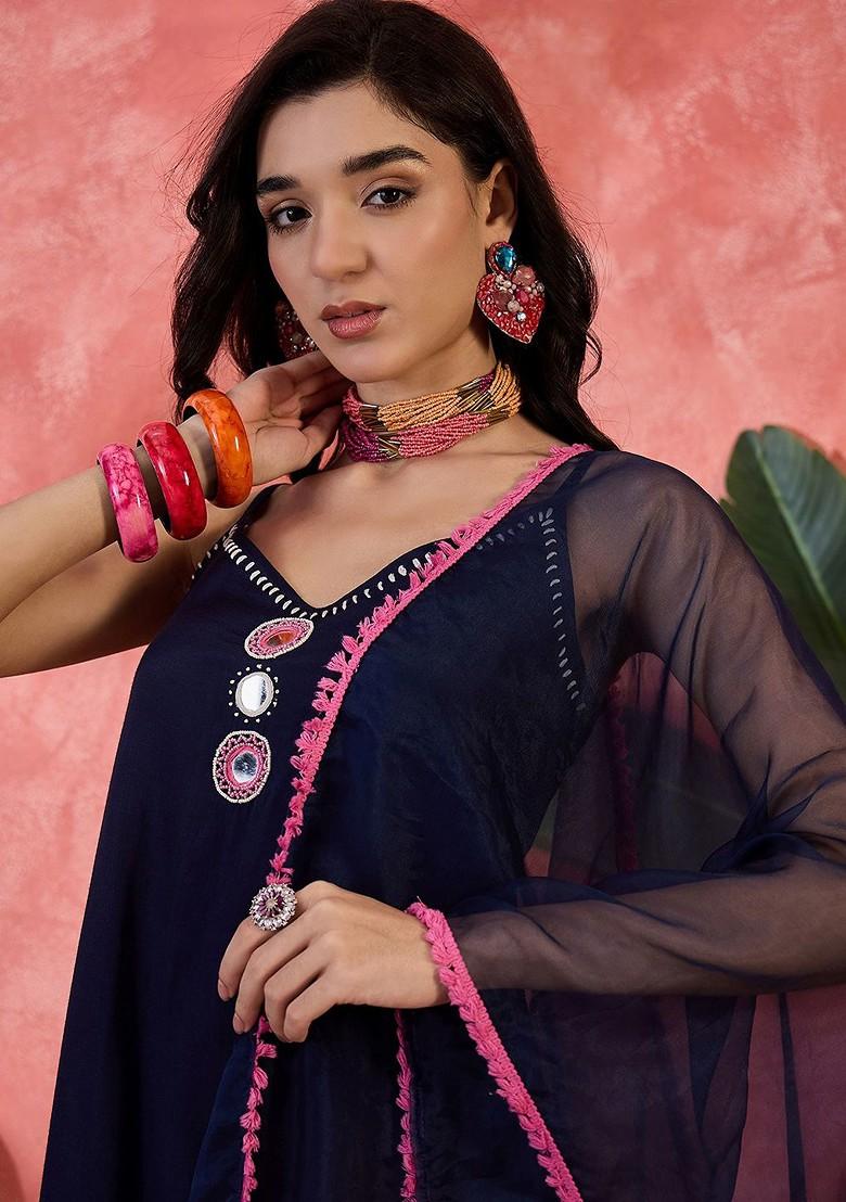 Navy Blue Embroidered Blended Kurta Set - Indya