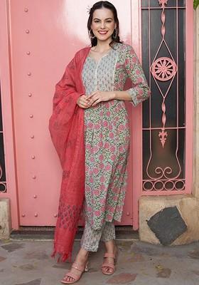 Sea Green Printed Blended Kurta Set