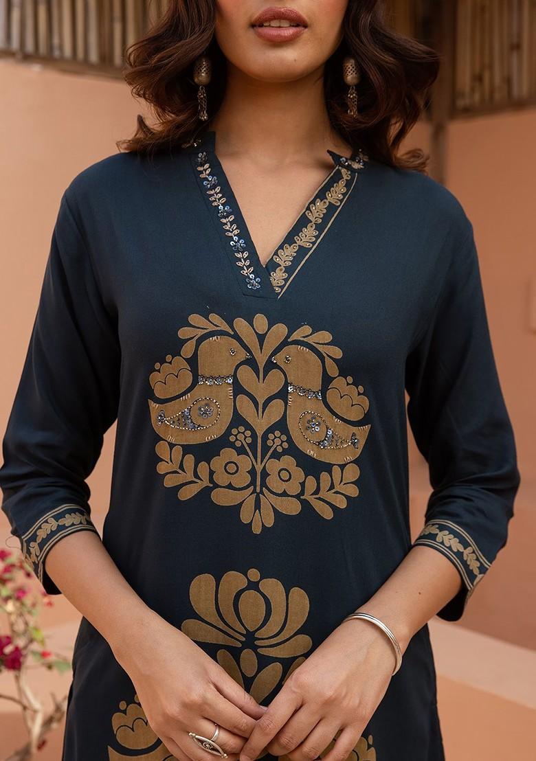 Teal Printed Blended Kurta Set - Indya