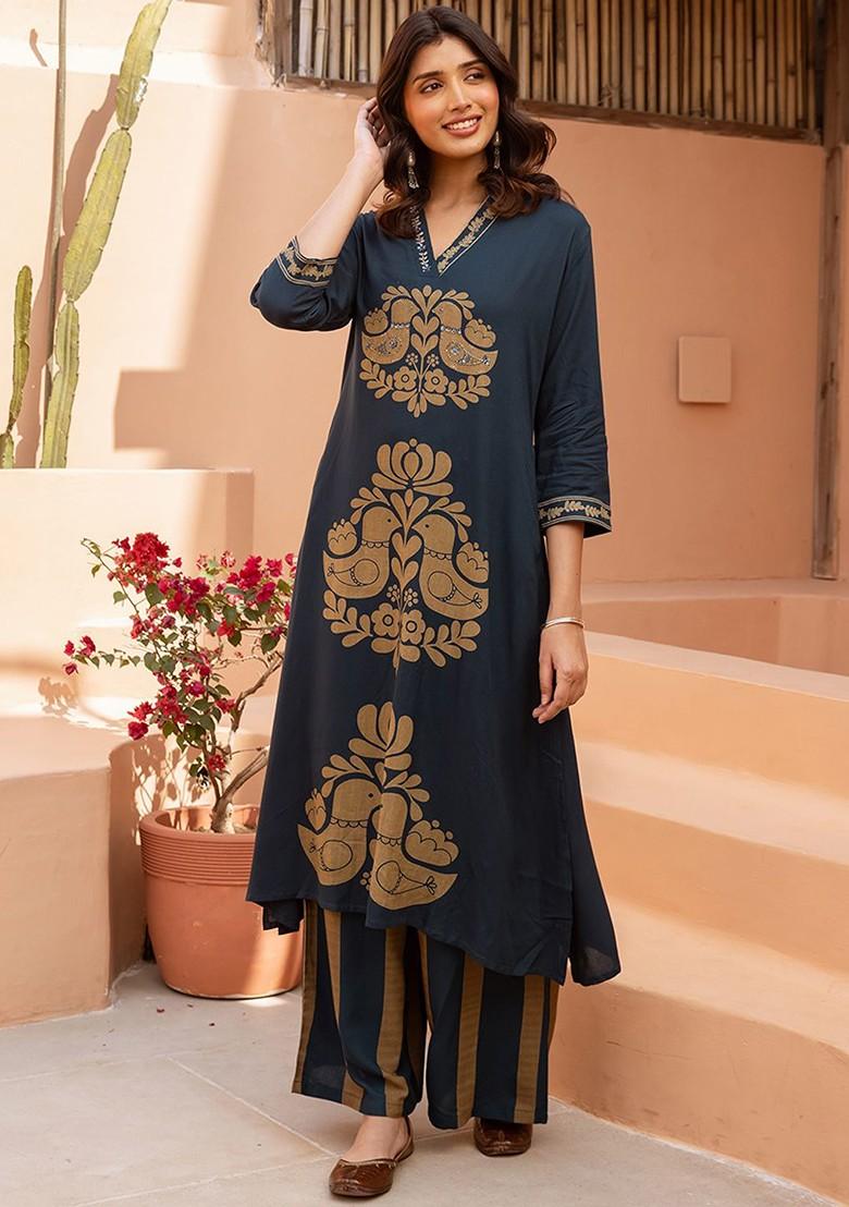Teal Printed Blended Kurta Set - Indya