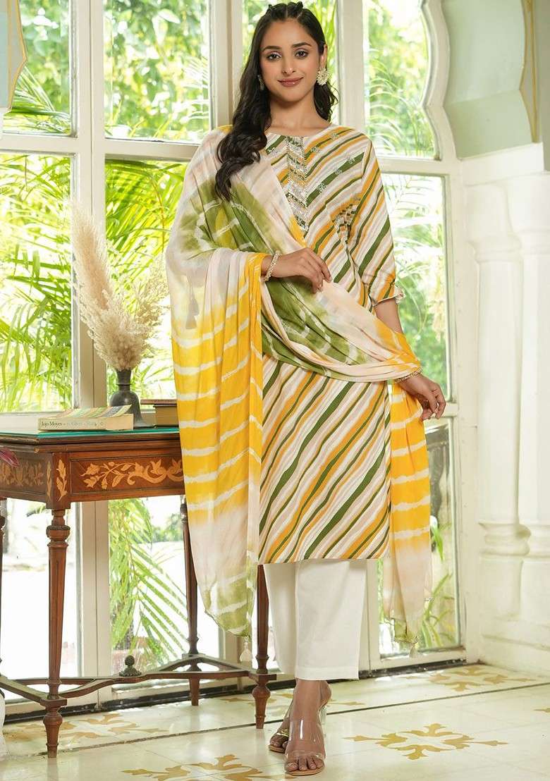White Striped Blended Kurta Set - Indya