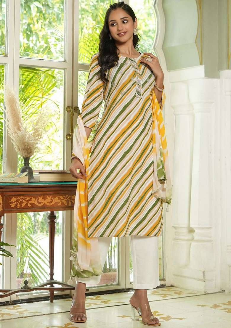 White Striped Blended Kurta Set - Indya