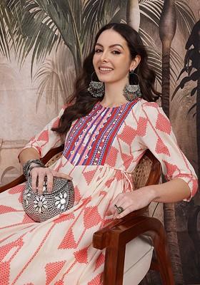 Off White Printed Blended Kurta Set