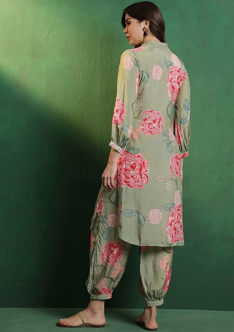 Green Printed Blended Kurta Set - Indya