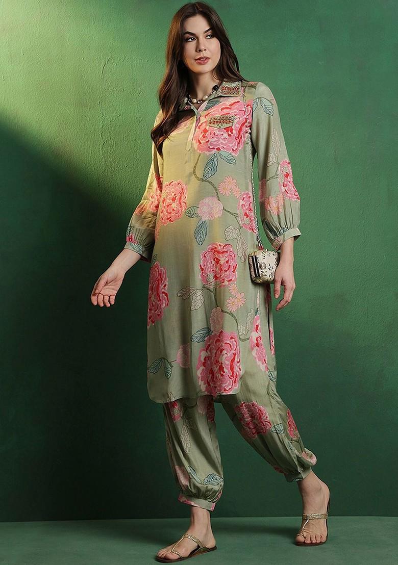 Green Printed Blended Kurta Set - Indya