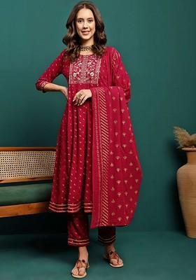 Maroon Embroidered Blended Kurta Set