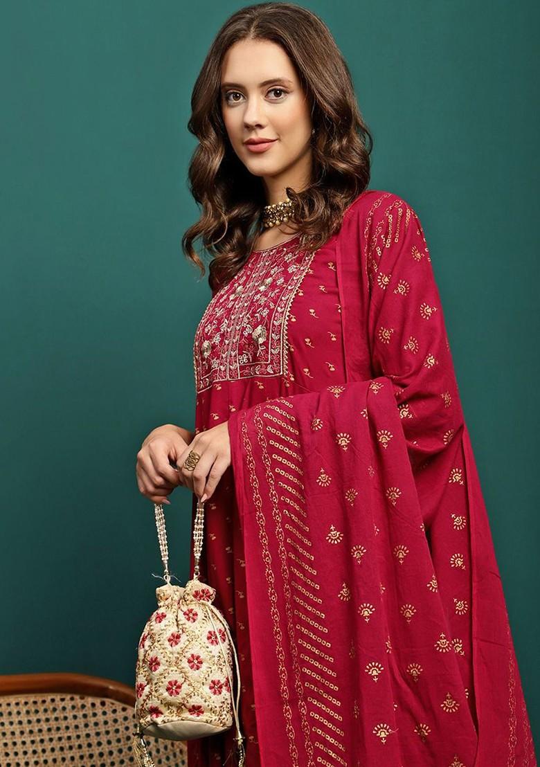 Maroon Embroidered Blended Kurta Set - Indya
