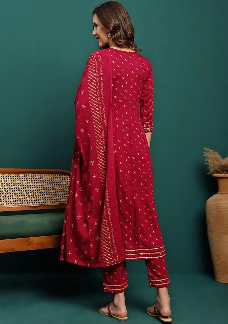 Maroon Embroidered Blended Kurta Set - Indya