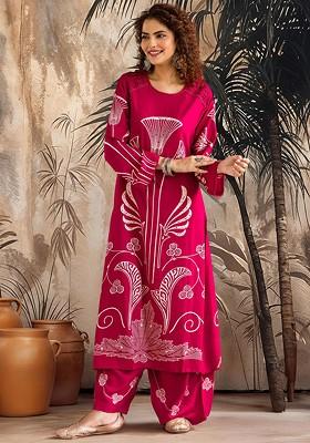 Pink Printed Blended Kurta Set
