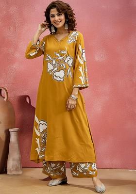Yellow Printed Blended Kurta Set