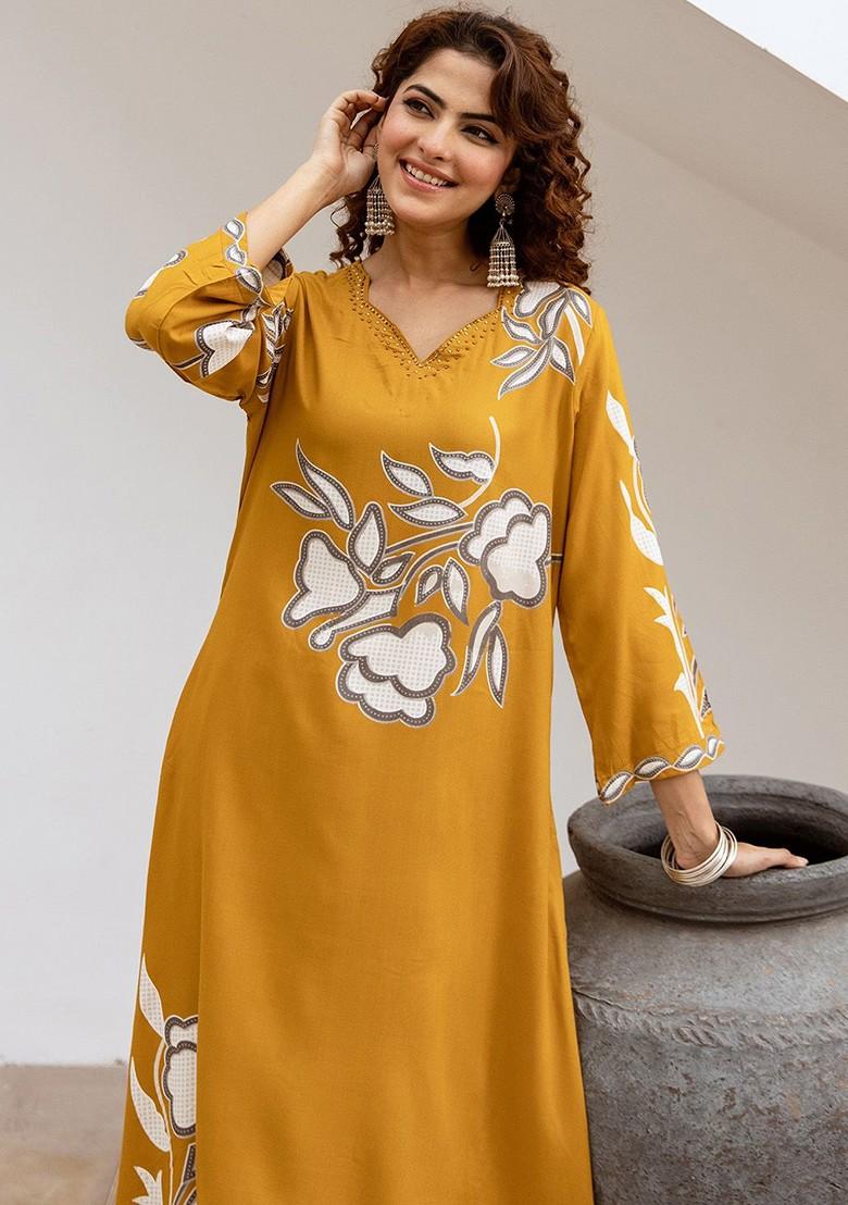 Yellow Printed Blended Kurta Set - Indya