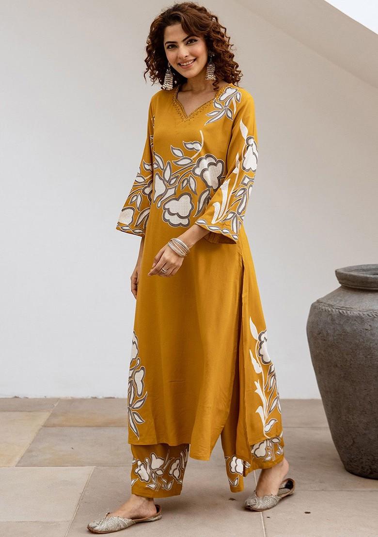 Yellow Printed Blended Kurta Set - Indya