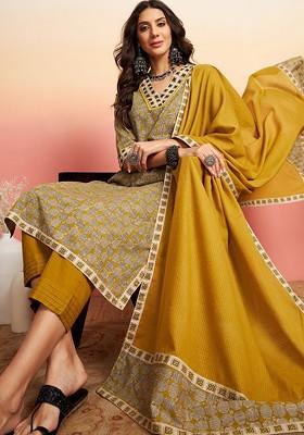 Olive Printed Blended Kurta Set