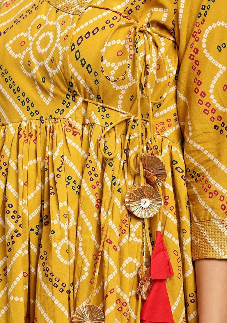 Mustard Printed Blended Kurta Set - Indya