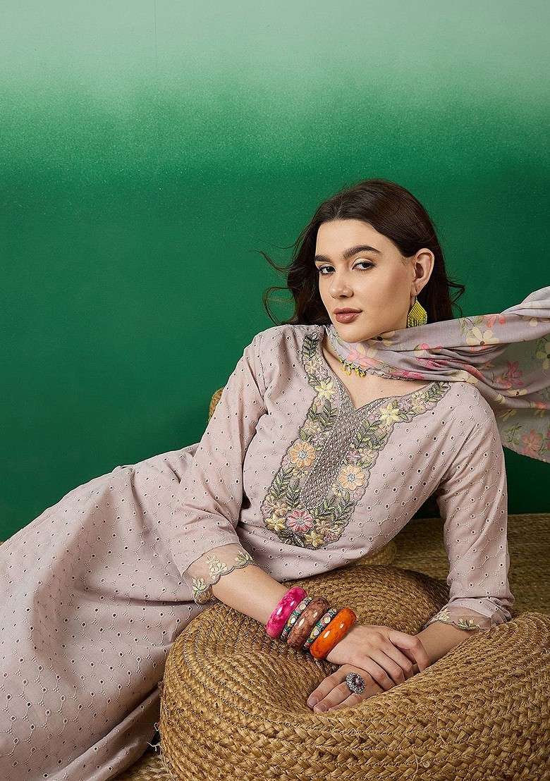 Pink Embroidered Blended Kurta Set - Indya