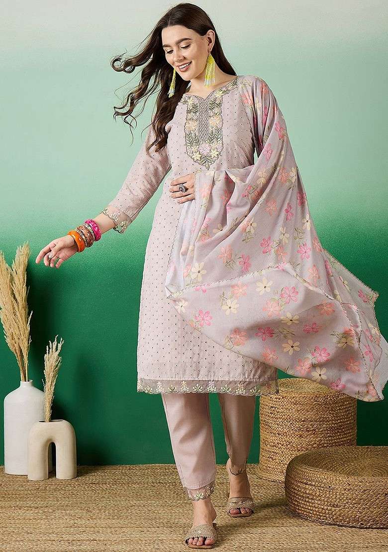Pink Embroidered Blended Kurta Set - Indya
