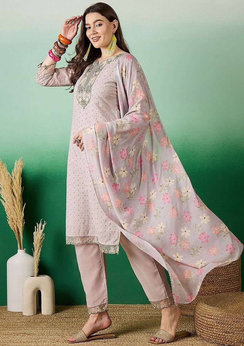 Pink Embroidered Blended Kurta Set - Indya