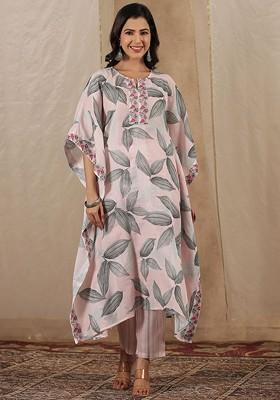 Peach Printed Blended Kurta Set