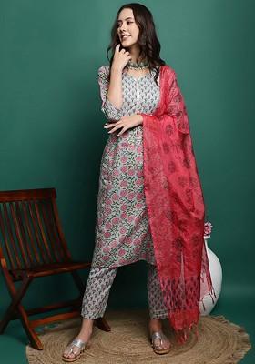 Sea Green Printed Blended Kurta Set