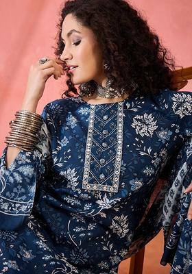 Blue Printed Blended Kurta Set