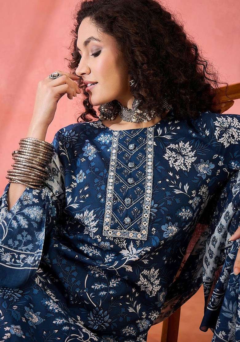 Blue Printed Blended Kurta Set - Indya