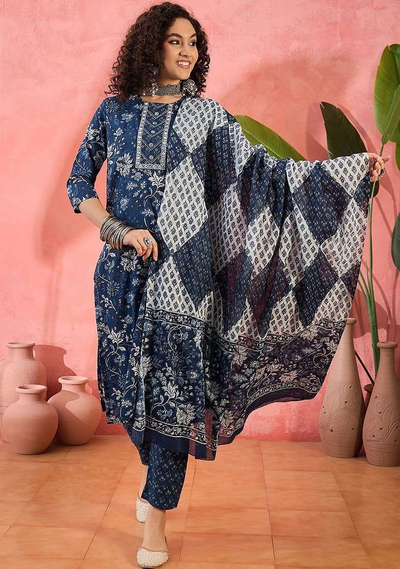 Blue Printed Blended Kurta Set - Indya