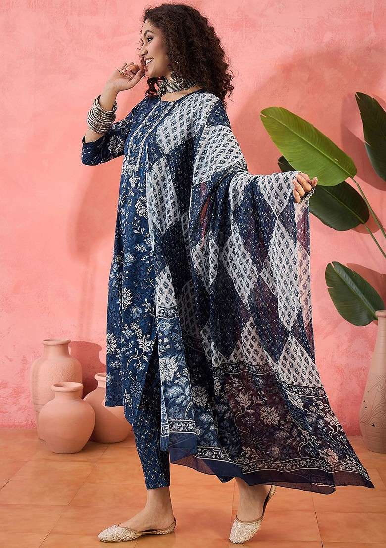 Blue Printed Blended Kurta Set - Indya