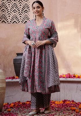 Grey Printed Blended Kurta Set