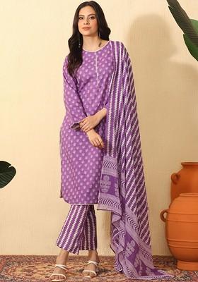 Purple Printed Blended Kurta Set