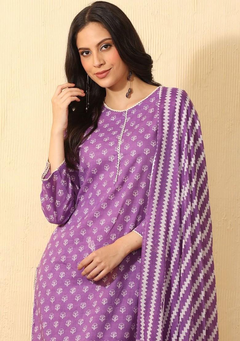 Purple Printed Blended Kurta Set - Indya