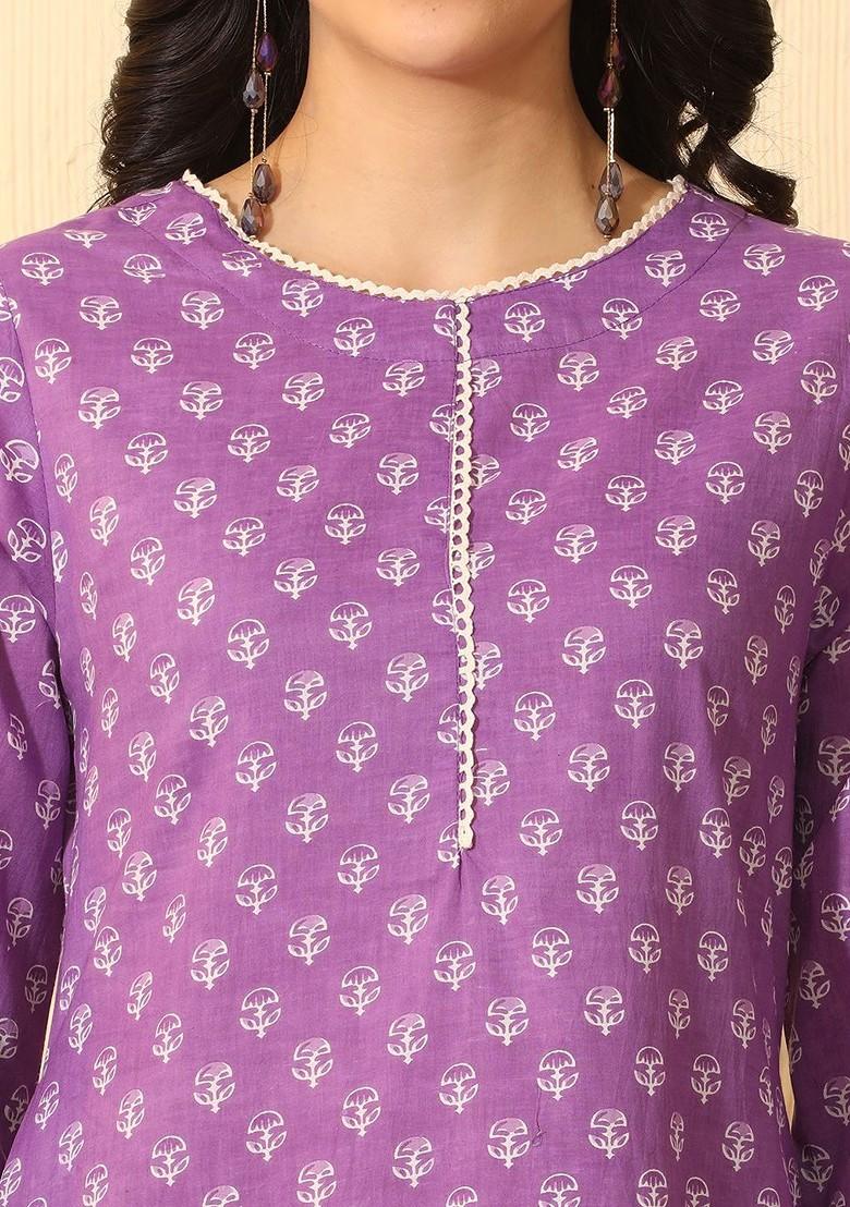 Purple Printed Blended Kurta Set - Indya