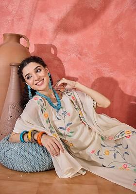 Off White Printed Blended Kurta Set