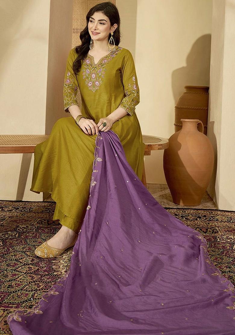 Lime Green Embroidered Blended Kurta Set - Indya