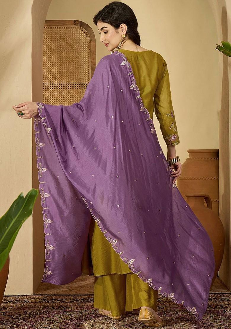 Lime Green Embroidered Blended Kurta Set - Indya