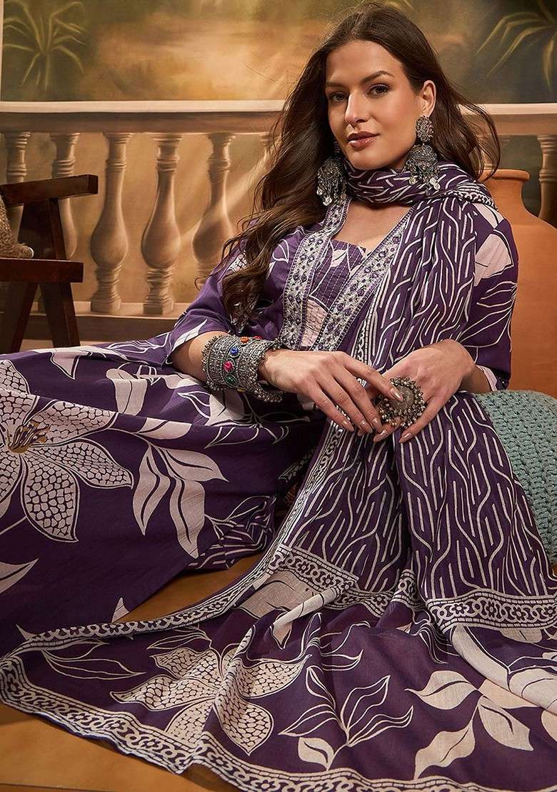Purple Printed Blended Kurta Set - Indya