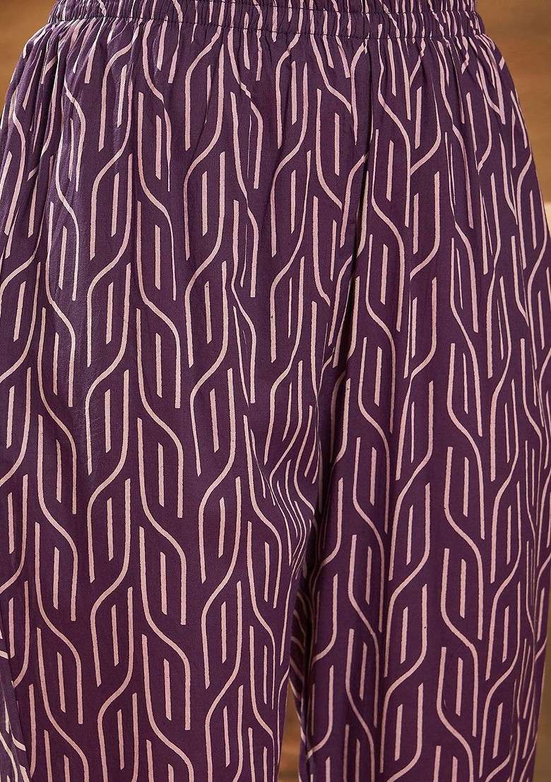 Purple Printed Blended Kurta Set - Indya