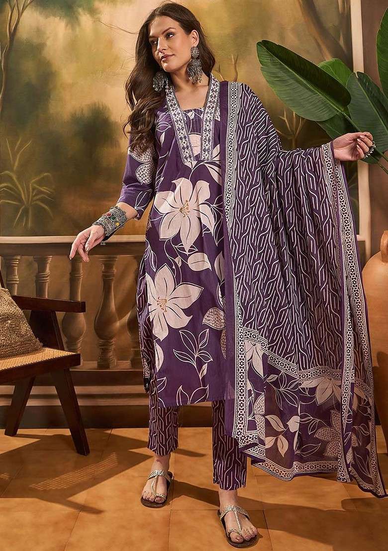 Purple Printed Blended Kurta Set - Indya