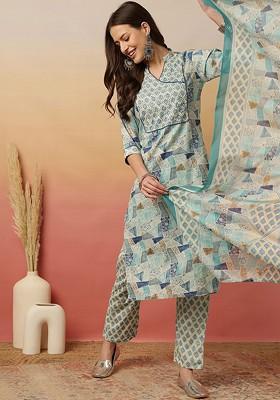 Blue Printed Blended Kurta Set