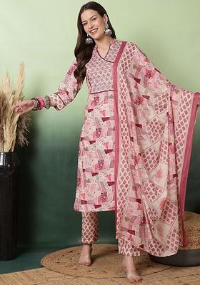 Pink Printed Blended Kurta Set
